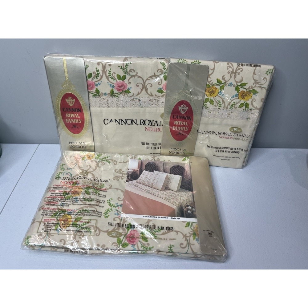 Vtg Cannon Royal Family Bed‎ Set Charleston Filigree Double Flat, Fitted Pillows